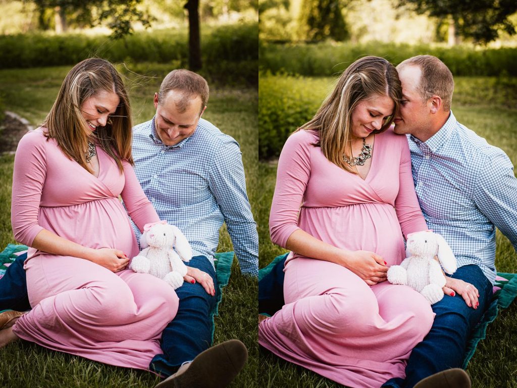 Appleton, WI maternity photography, couple sitting on blanket with stuffed bear